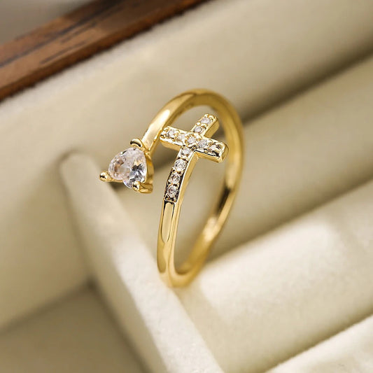 Gold Sparkling Heart Cross Resizable Ring