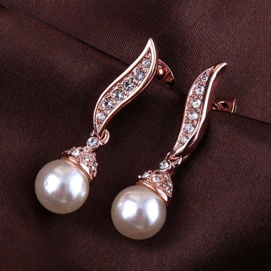 Vintage Rose Gold Pearl Drop & Sparkling Crystal Earrings