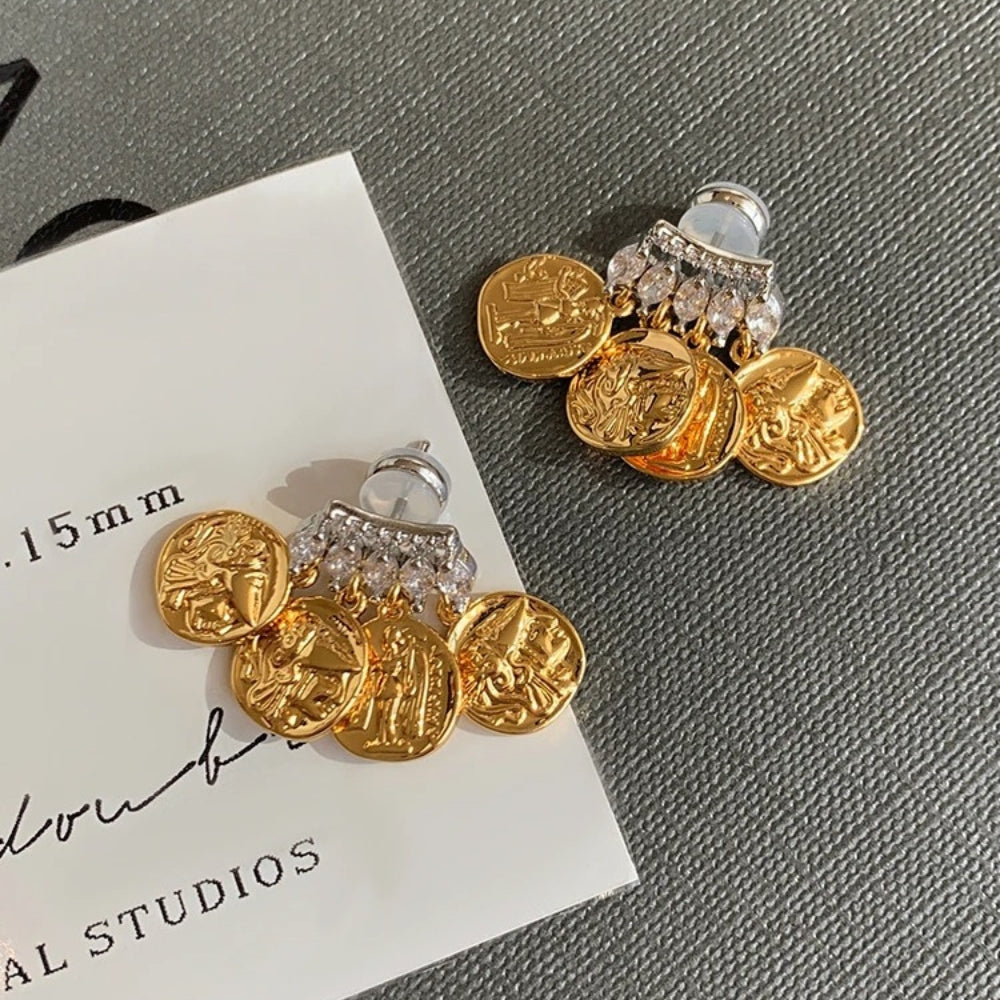 Gold Coin Clear Crystal Dangle Earrings