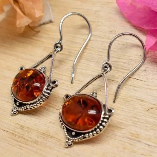 Silver Boho Amber Stone Earrings