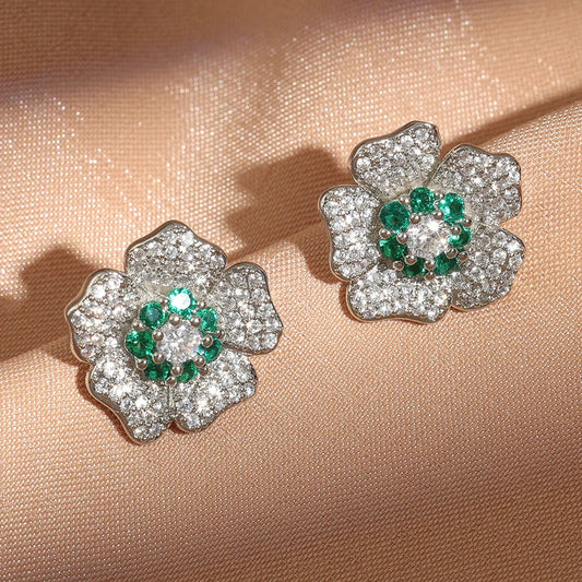 Vintage Green & Silver Floral Stud Earrings