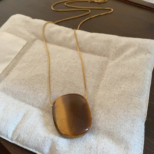 Vintage Oval Tiger Eye Stone Pendant Long Necklace