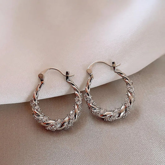 Vintage Twisted Crystal Silver Hoop Earrings