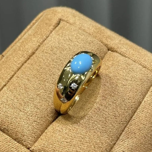 Vintage Diamond Inlay Turquoise Blue Shiny Adjustable Ring