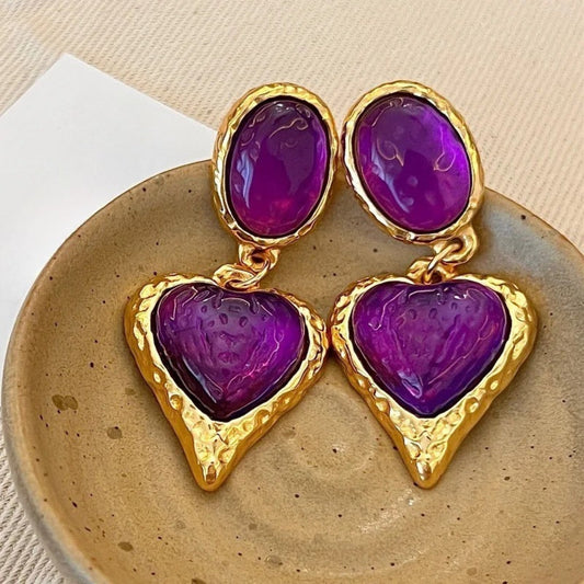Classic Gold Purple Heart-Shaped Gemstone Earrings