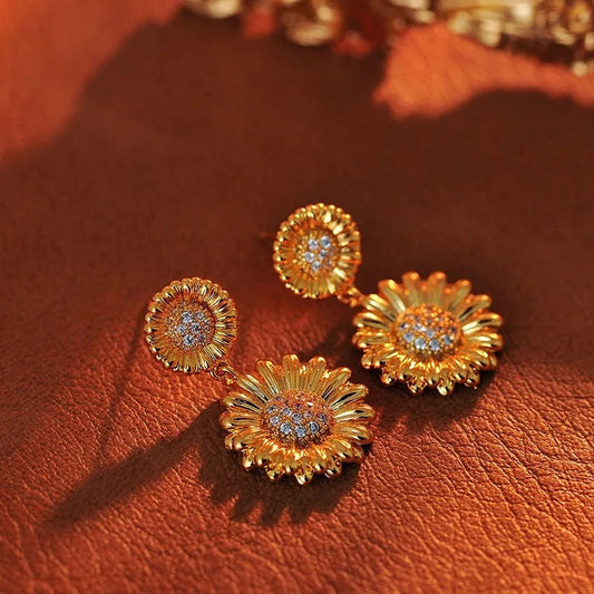 Vintage Gold Sunflower Drop Earrings