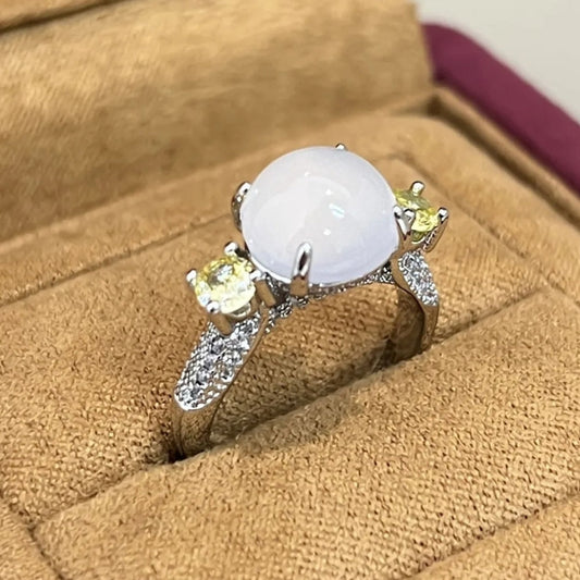 Classic Silver Yellow Gemstone Round White Adjustable Ring