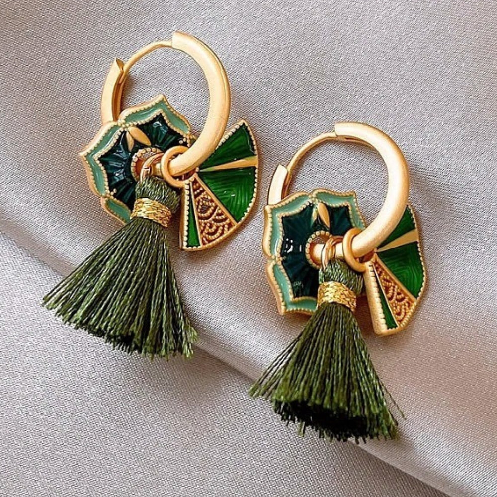 Vintage Gold & Green Floral Tassel Earrings