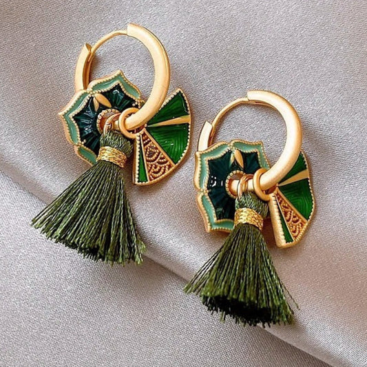 Vintage Gold & Green Floral Tassel Earrings