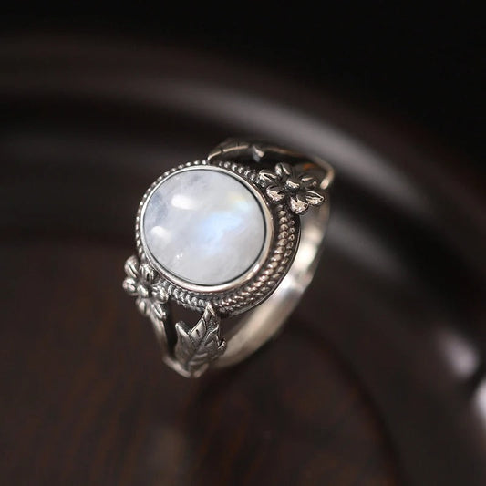 Vintage Floral Moonstone Silver Ring