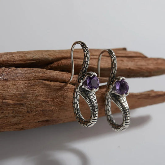 Vintage Silver Snake & Amethyst Earrings