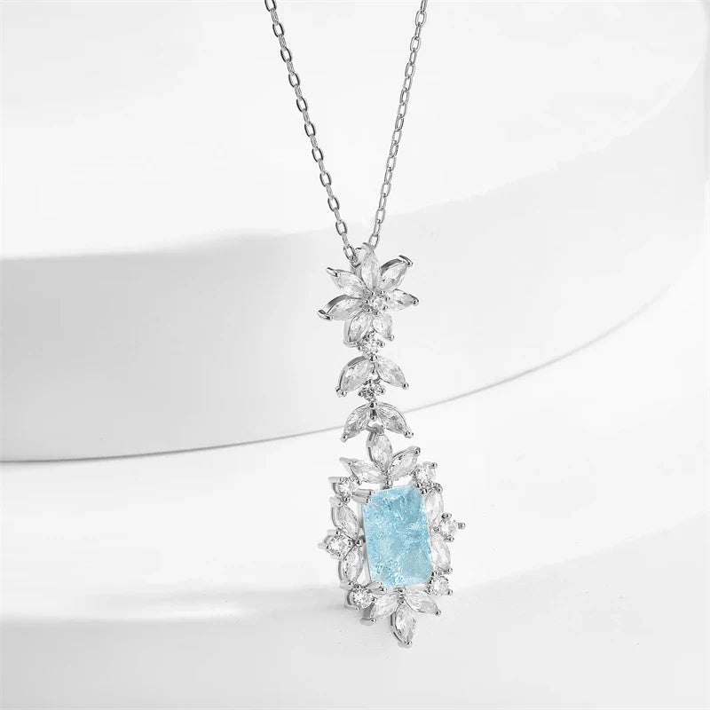 Vintage Ice Blue Floral Silver Necklace
