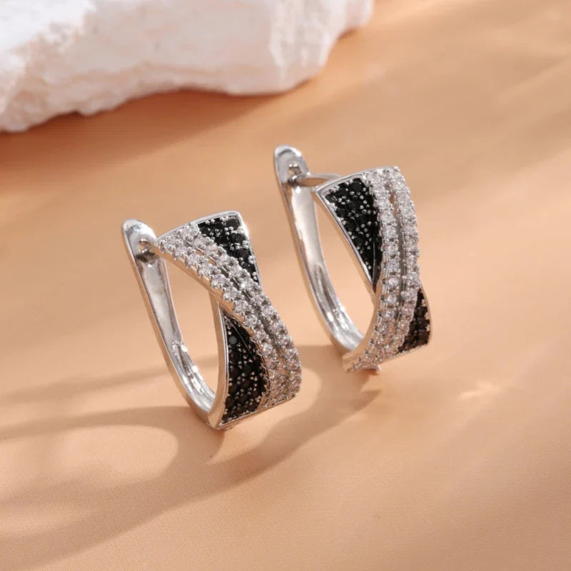 Vintage Black & Silver Crossover Hoop Earrings