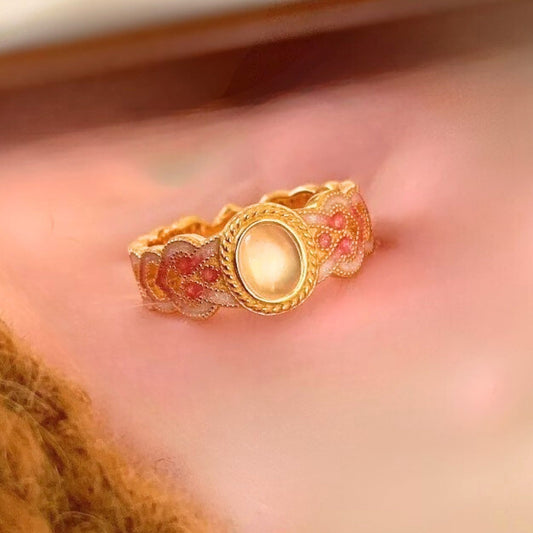 Vintage Gold & Unique Pink Crystal Oval Blossom Adjustable Ring