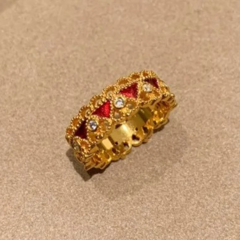 Vintage Gold Red Drip Glaze Crown Adjustable Ring