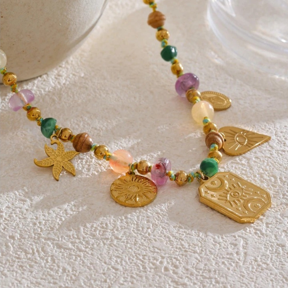 Vintage Gold Multi-Charm Beaded Necklace