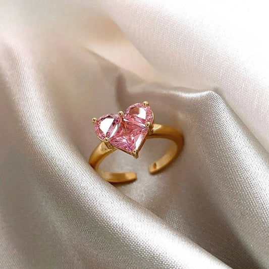 Vintage Gold Heart-Shaped Pink Gem Open Ring
