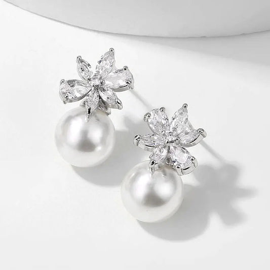 Vintage Silver Flower & Pearl Earrings