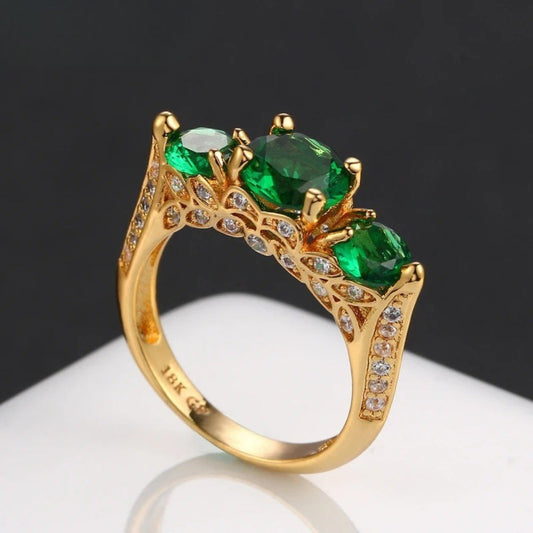 Classic Gold Three-Green Gem & Silver Accent Ring