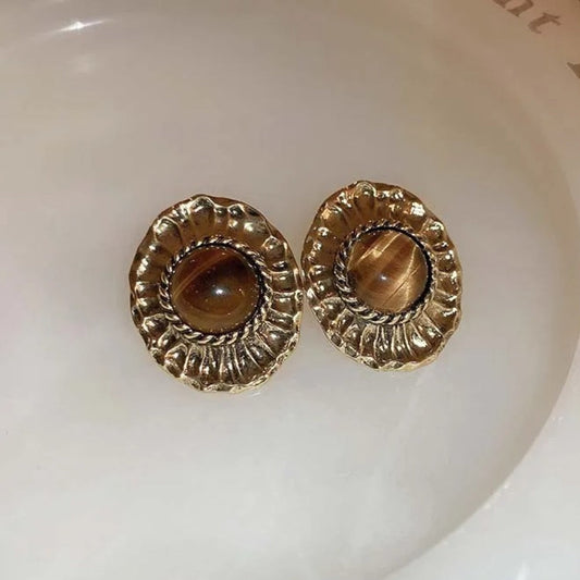 Vintage Gold Brown Oval Stud Earrings