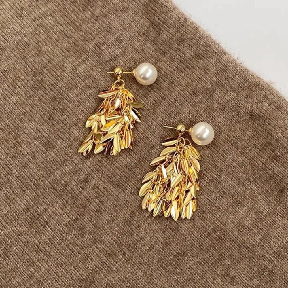 Gold Leaf Dangle Pearl Earrings