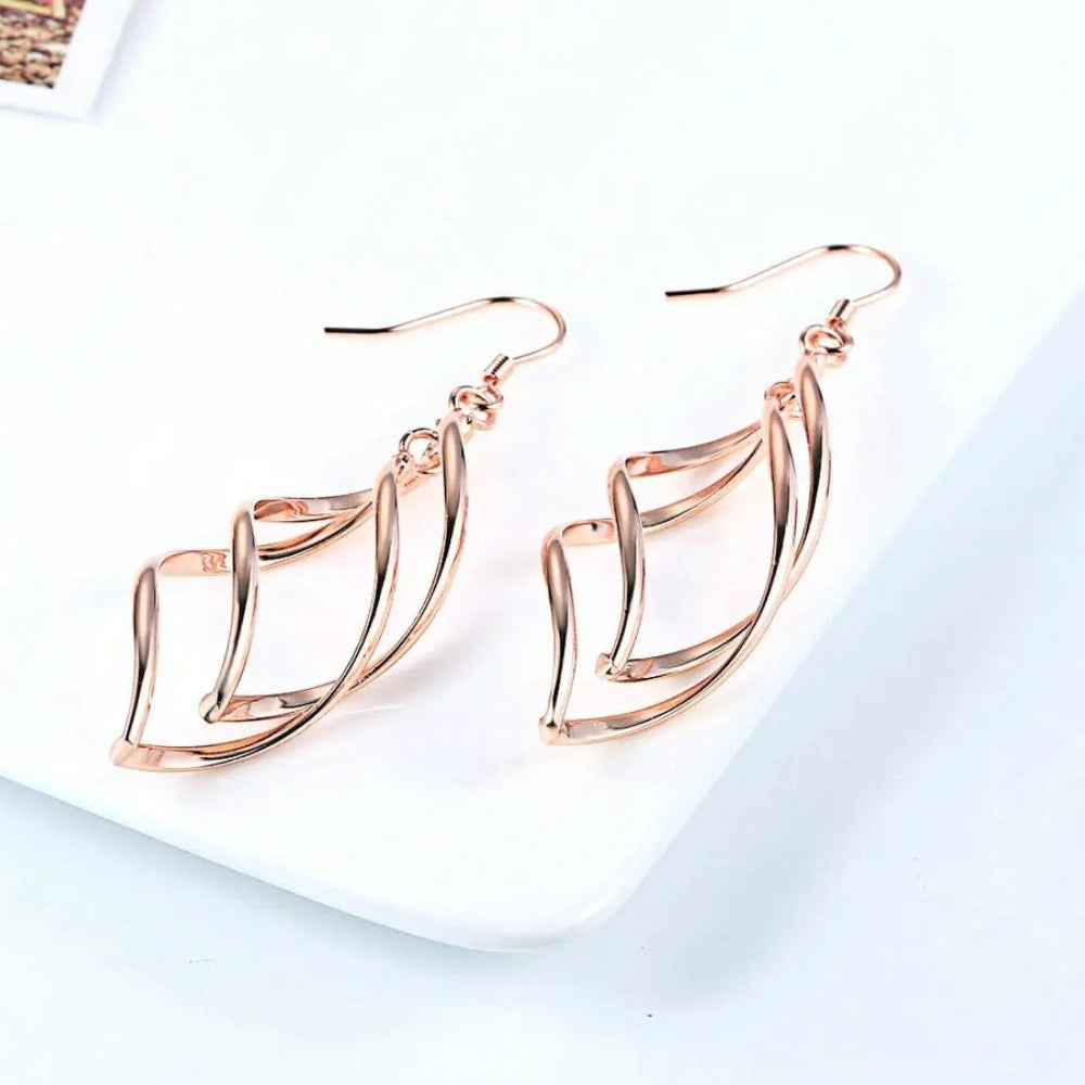 Rose Gold Intricate Wavy Layer Pattern Drop Earrings