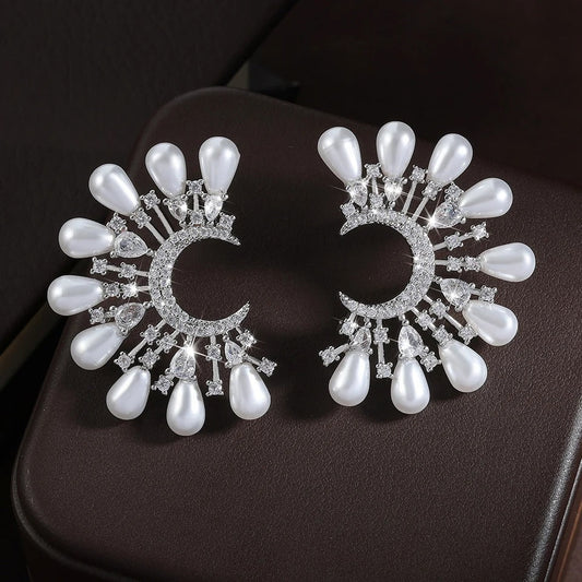 Vintage Moon & Pearl Silver Earrings