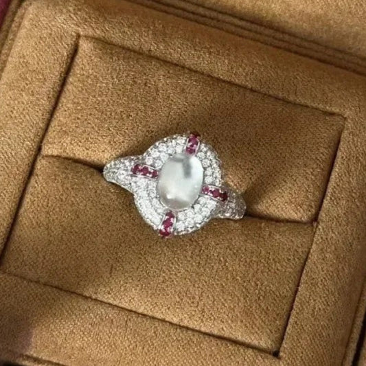 Retro Silver & Ruby Oval Cluster Ring