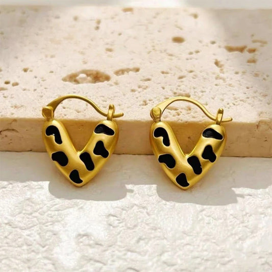 Gold & Black Spot Heart Shaped Earrings