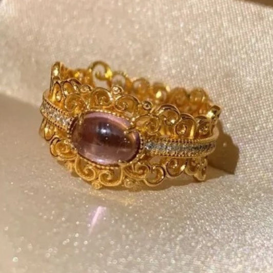 Classic Gold & Purple Oval Gemstone Filigree Crystal Adjustable Ring