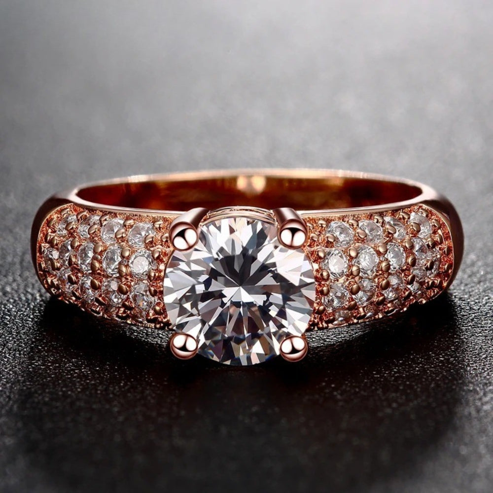 Rose Gold Round Cut Stone Pave Ring