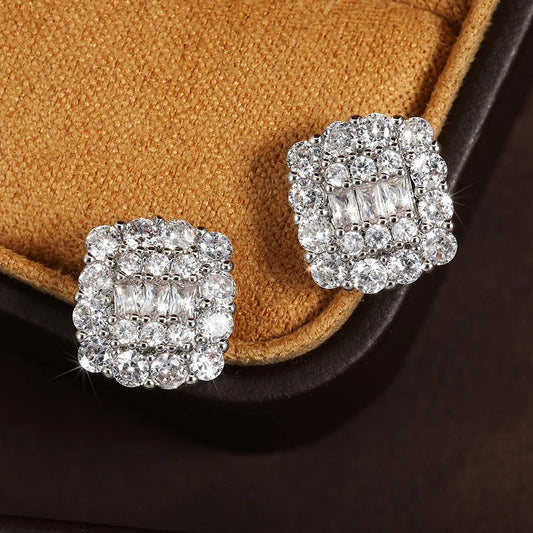 Vintage Square Crystal Silver Stud Earrings