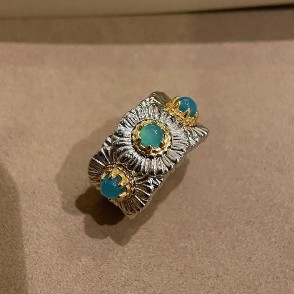 Classic Silver & Gold Floral Design Turquoise Adjustable Ring