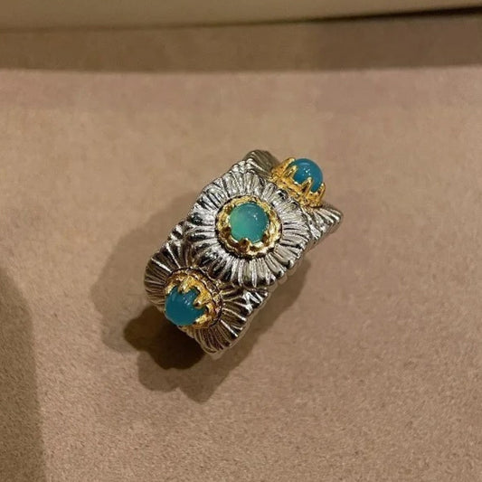 Classic Silver & Gold Floral Design Turquoise Adjustable Ring