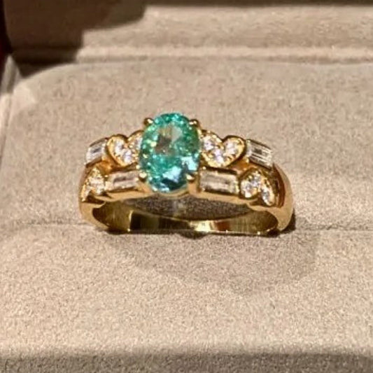 Classic Gold & Aquamarine Heart Diamond Adjustable Ring