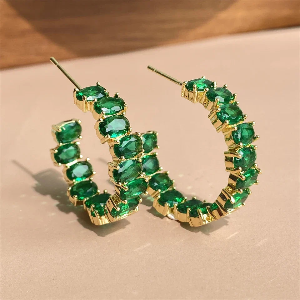 Gold Green Gemstone Hoop Earrings