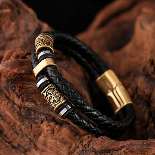 Black Woven Leather & Gold Charm Bracelet