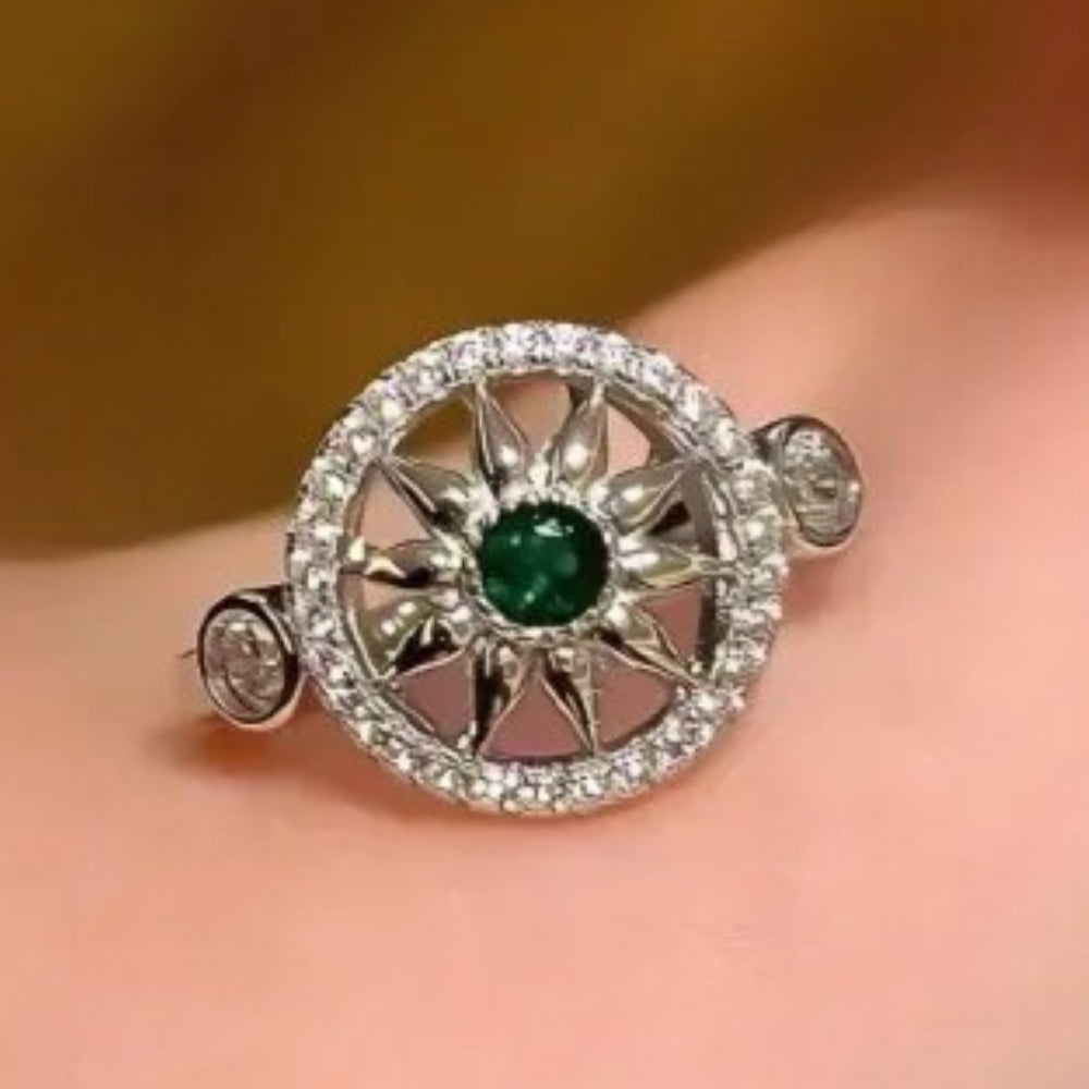 Classic Silver & Green Gemstone Sunflower Adjustable Ring