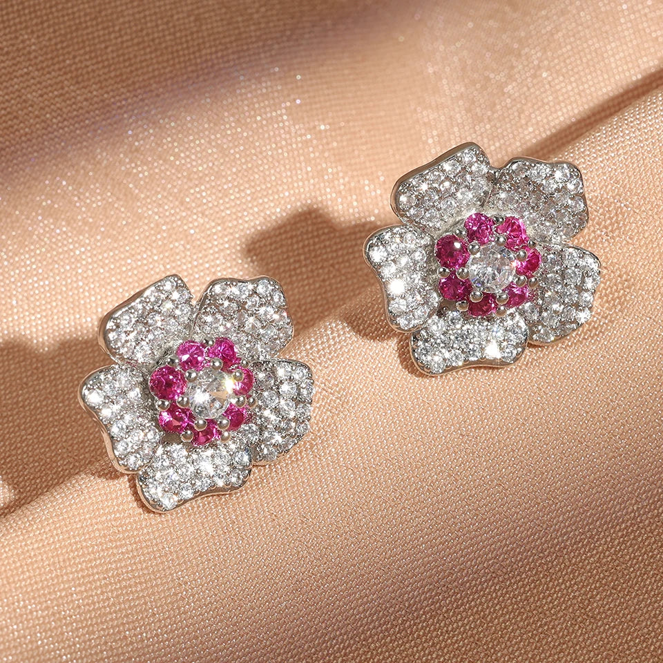 Vintage Silver Pink Flower Earrings