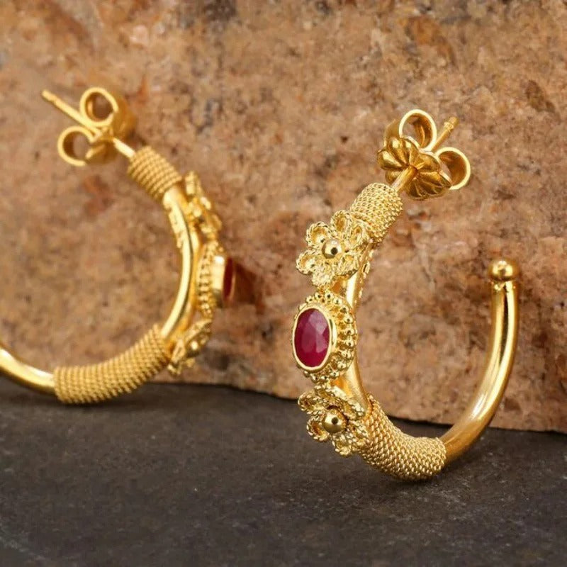 Gold Floral Hoop Red Stone Earrings