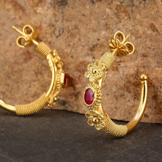 Gold Floral Hoop Red Stone Earrings