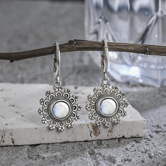 Silver Floral Moonstone Drop Earrings