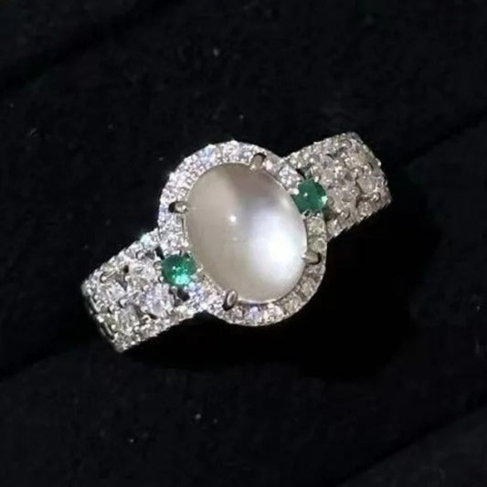 Retro Silver White & Green Gemstone Moonstone Adjustable Ring