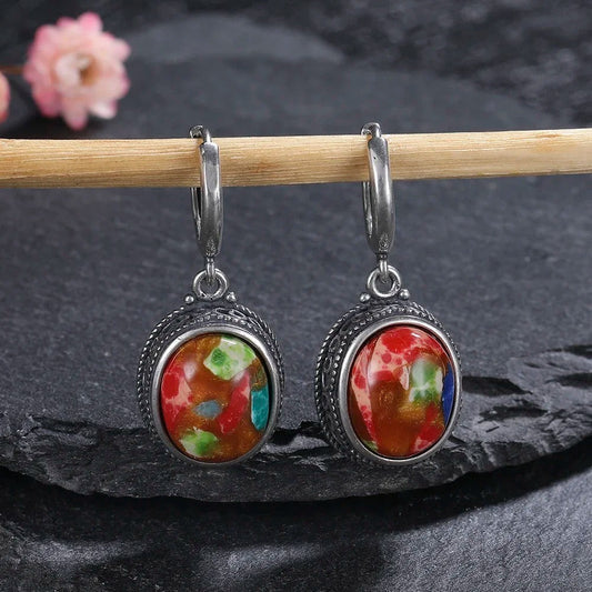 Silver Multicolor Oval Earrings
