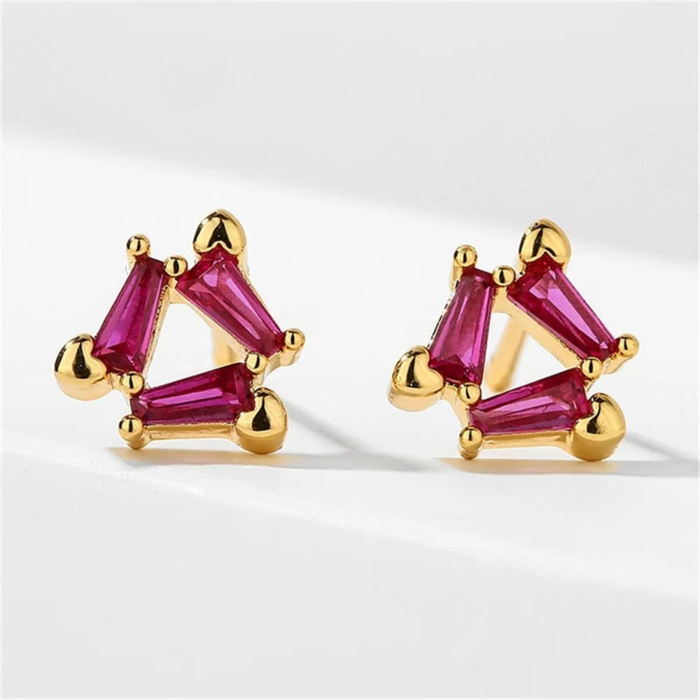 Gold Triangle Red Gem Earrings