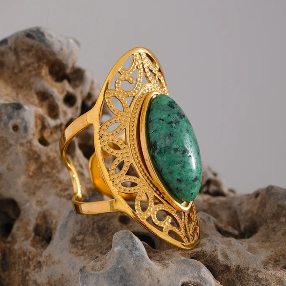 Gold Ornate Green Stone Open Ring