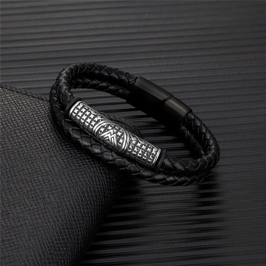 Braided Leather Tribal Silver Charm Bracelet