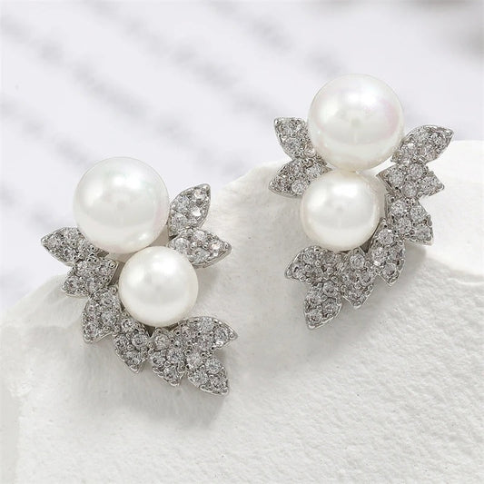 Silver Double Pearl & Crystal Leaf Earrings