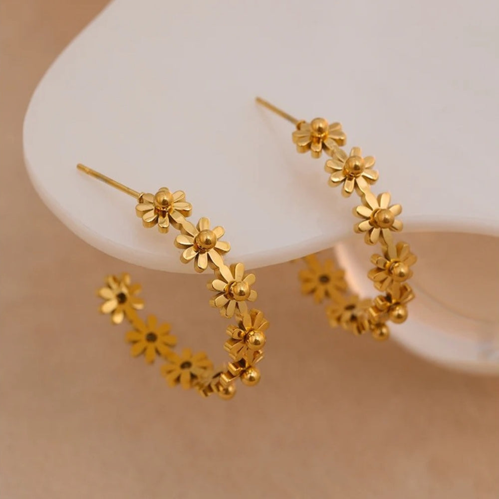 Gold Floral Charm Hoop Earrings