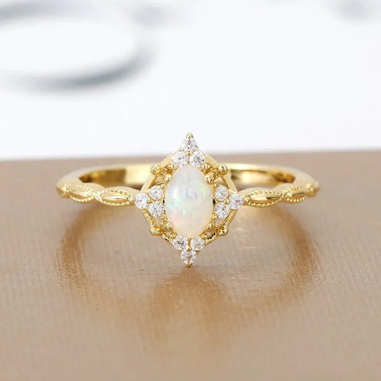 Vintage Opal Crystal Gold Adjustable Ring